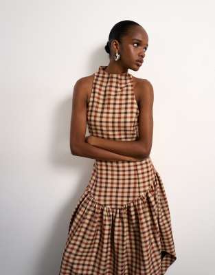 knee length dresses for ladies Rent Topshop Textured Check Bust Cup Midi Dress In Lime main image 0