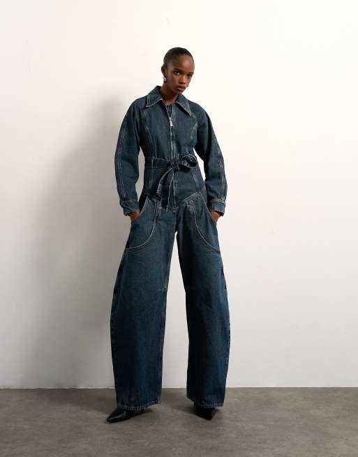 Tolu Coker x Topshop denim barrel leg jumpsuit circular design in deep blue, 2 of 4