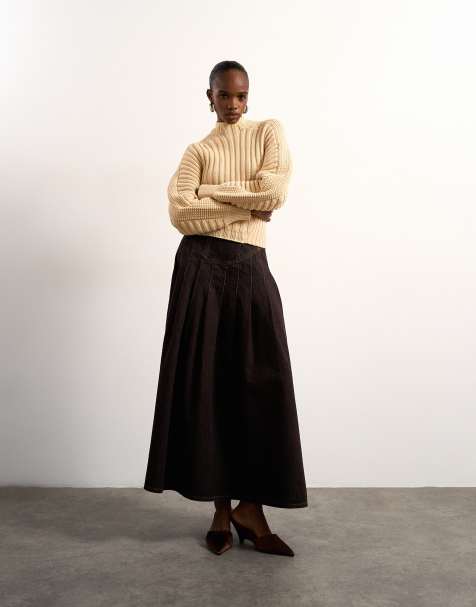 Tolu Coker x Topshop denim maxi pleated skirt circular design in brown rinse - view 1