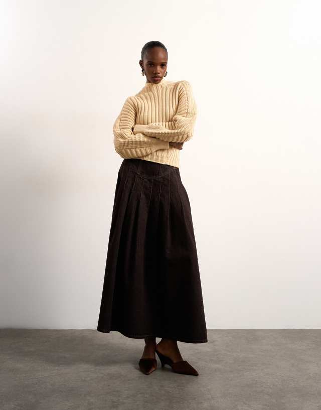 Tolu Coker x Topshop denim maxi pleated skirt circular design in