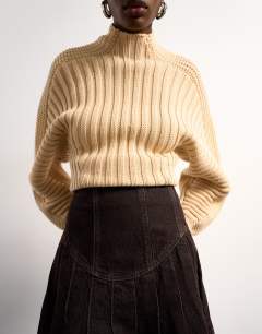 Model wearing Tolu Coker x Topshop denim maxi pleated skirt circular design in brown rinse