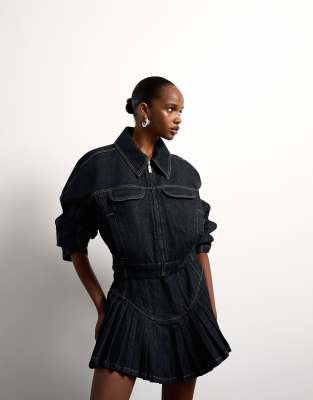 Topshop Tolu Coker X  Denim Super Mini Pleated Skirt Circular Design In Blue