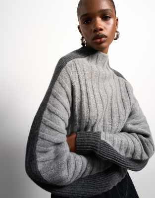 Topshop Tolu Coker X  Knit Premium 100% Lambswool Ovoid Sleeve Sweater In Gray