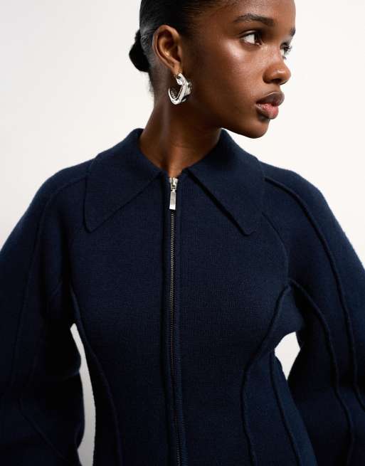 Tolu Coker x Topshop knitted ovoid sleeve structured dress in navy, 2 of 4