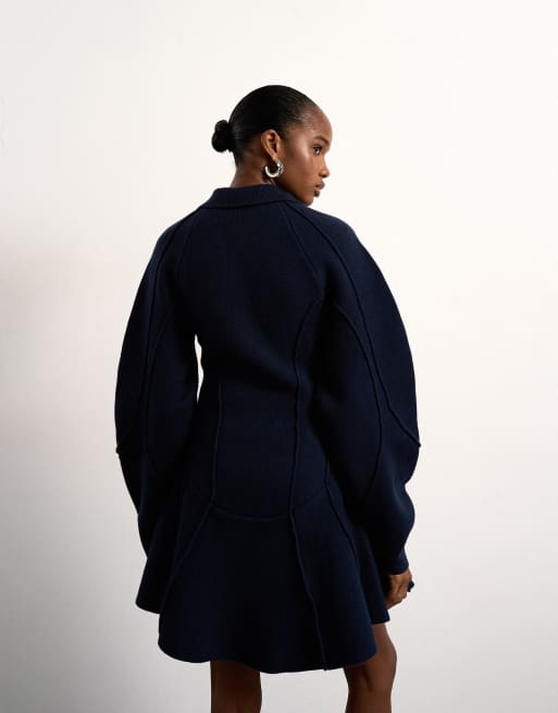 Tolu Coker x Topshop knitted ovoid sleeve structured dress in navy, 3 of 4