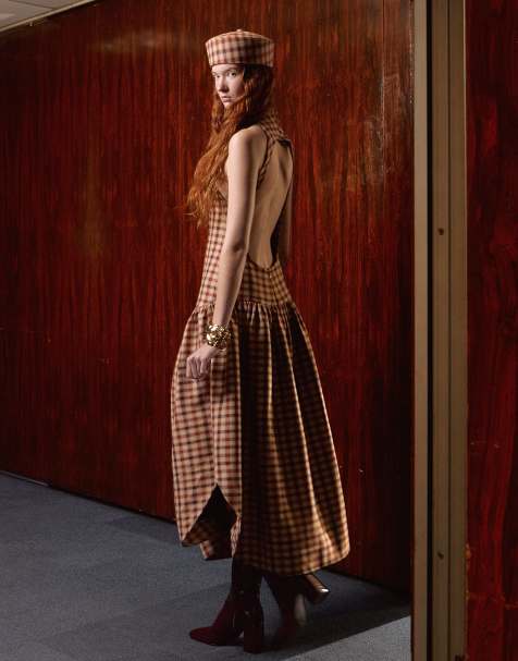 Tolu Coker x Topshop plaid open back midi dress in brown plaid - view 1