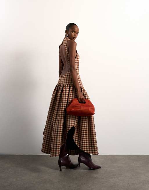Tolu Coker x Topshop - Robe mi-longue à carreaux avec dos ouvert - Marron, 2 de 4