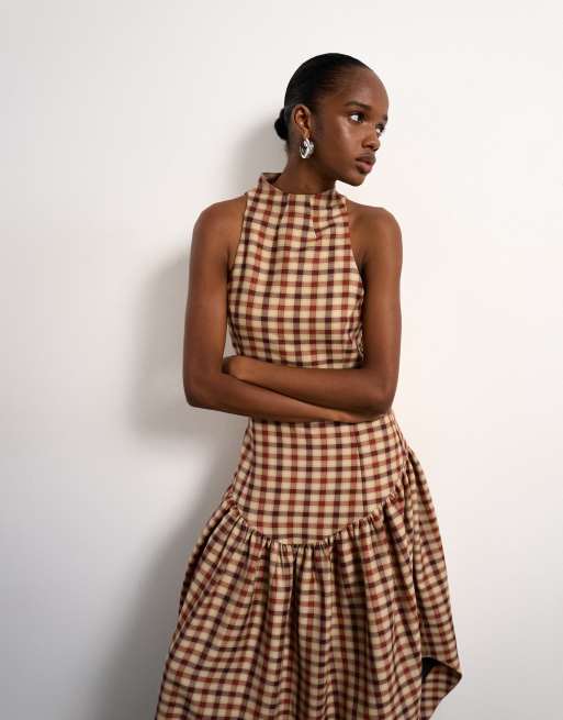 Tolu Coker x Topshop - Robe mi-longue à carreaux avec dos ouvert - Marron, 3 de 4