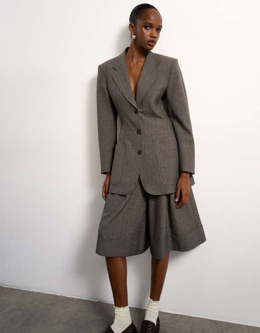 Tolu Coker x Topshop tailored longline shorts in taupe, 3 of 5