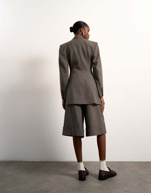 Tolu Coker x Topshop tailored longline shorts in taupe, 4 of 5