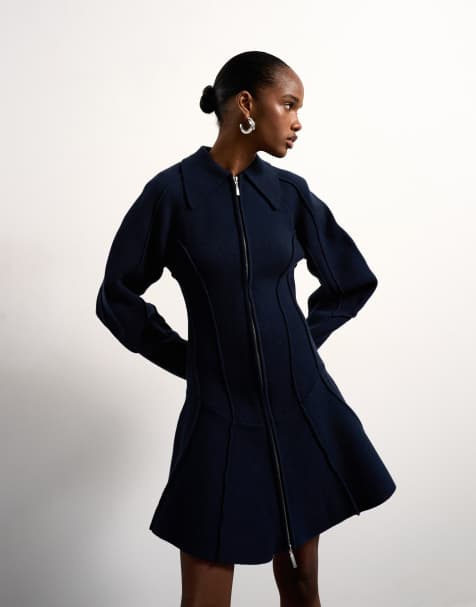 Tolu Coker x Topshop - Vestito strutturato in maglia blu navy con maniche ovoidali - view 1
