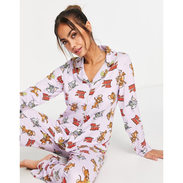 Tom Jerry all over print button through pajama set in lilac ASOS