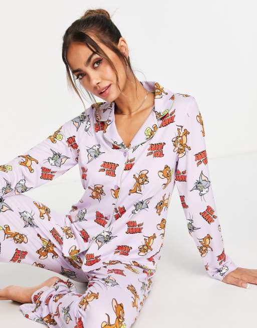 Tom Jerry all over print button through pajama set in lilac ASOS