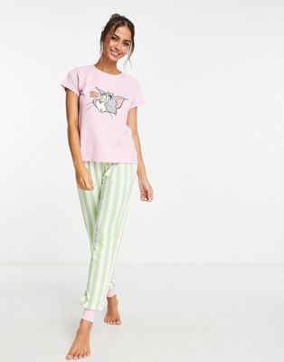 Urban Threads Tom & Jerry Pajama Set In Pink And Green