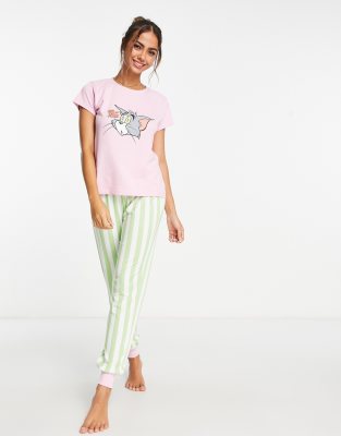 Urban Threads Tom & Jerry Pajama Set In Pink And Green