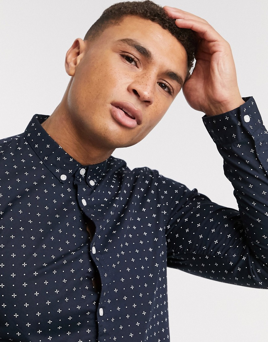 Tom Tailor all over print stretch shirt-Navy