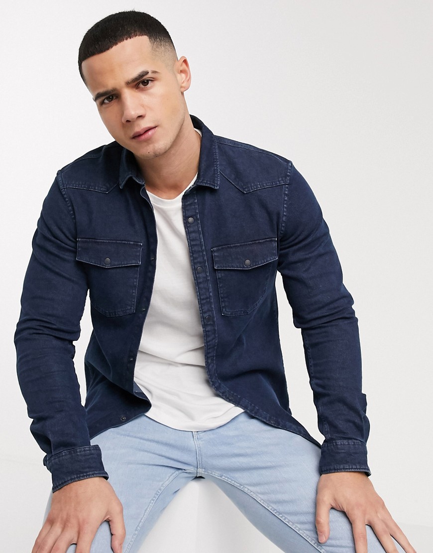 Tom Tailor - Camicia di jeans elasticizzata lavaggio scuro-Blu
