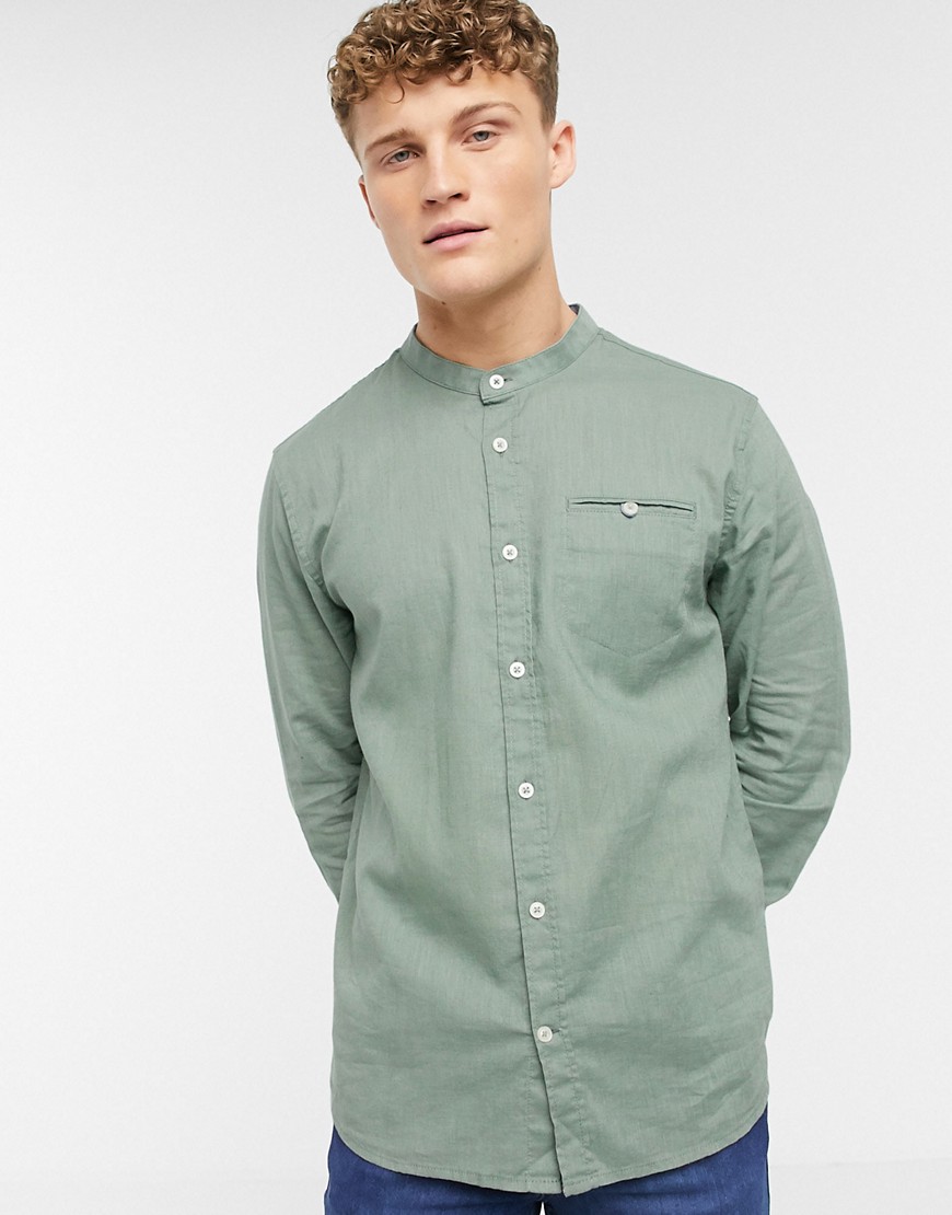 Tom Tailor - Camicia di lino con collo serafino verde