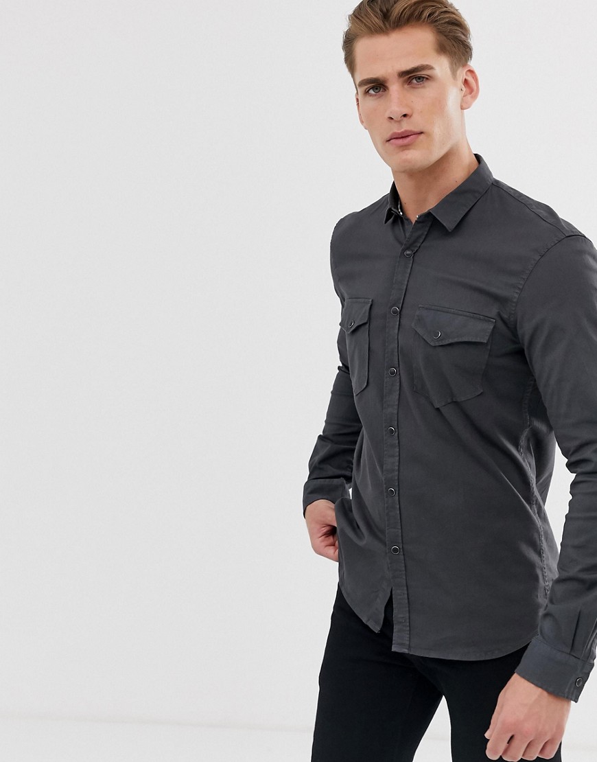 Tom Tailor - Denim overhemd met lange mouwen en utility zakken-Zwart