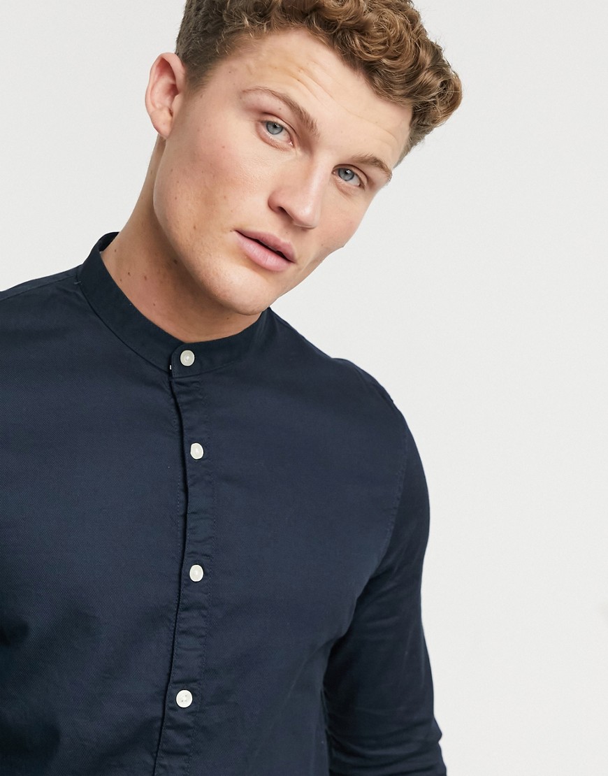 Tom Tailor - Overhemd van denim zonder kraag met lange mouwen in marineblauw