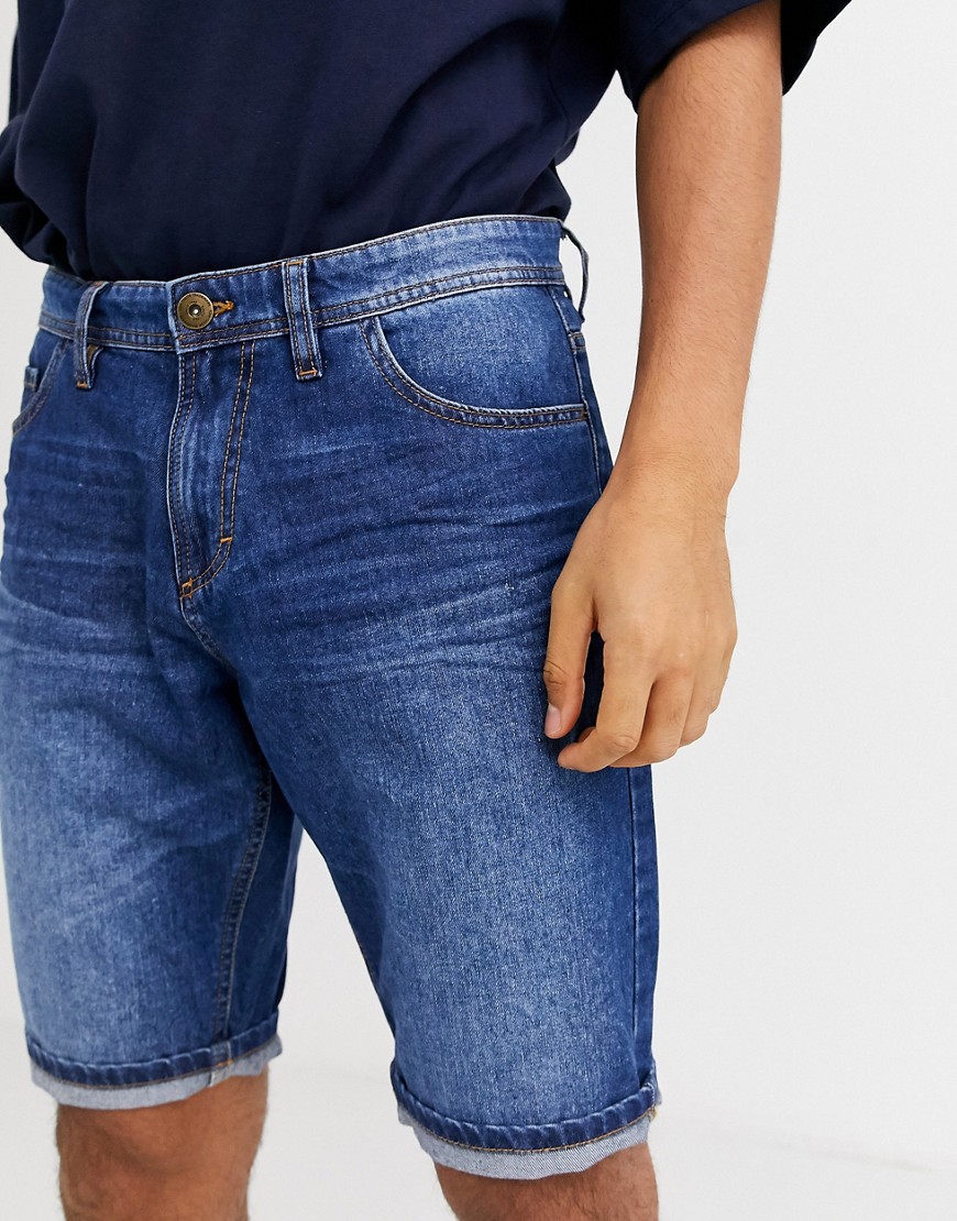 Tom Tailor - Pantaloncini di jeans lavaggio stone wash medio con 5 tasche-Blu