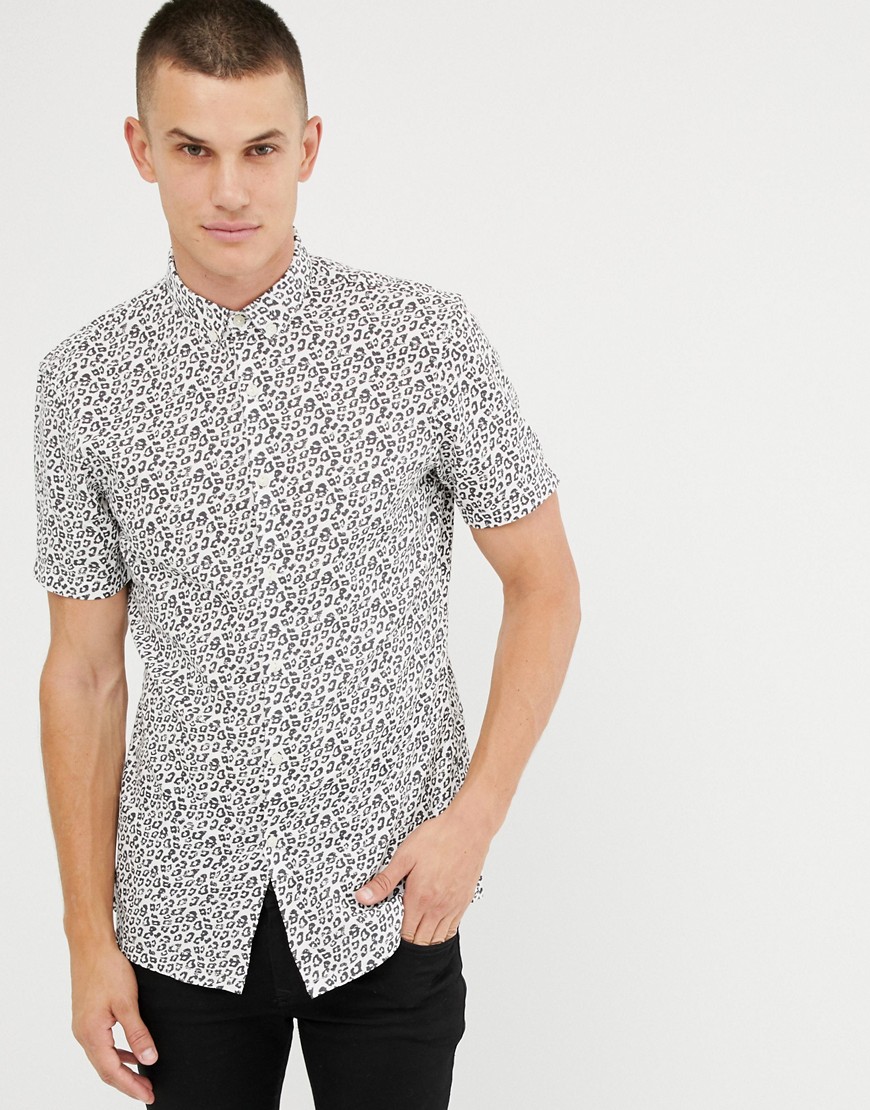 Tom Tailor Short Sleeve Button Down Shirt In Leopard Print-Cream