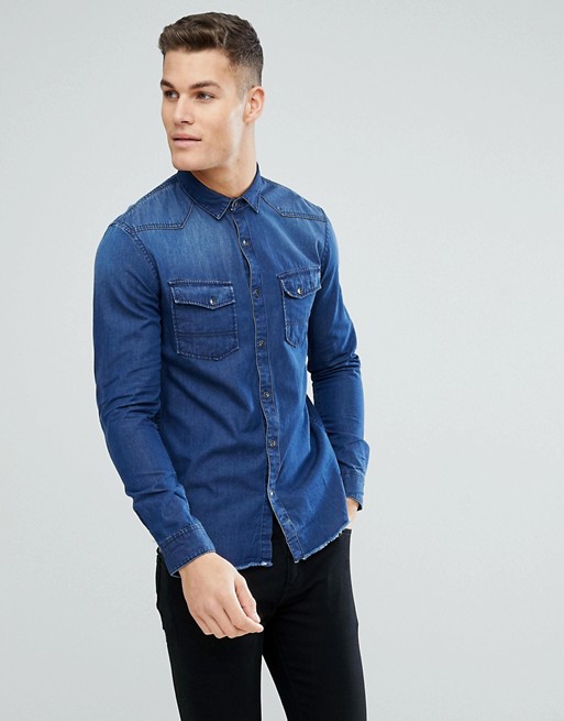 Tom Tailor Slim Fit Denim Shirt With Raw Edge and Sleeve Patch | ASOS
