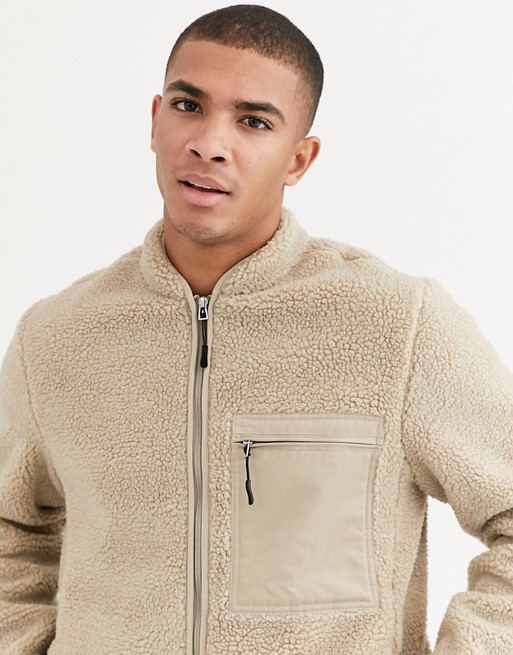 Tom Tailor teddy jacket with woven pocket in stone