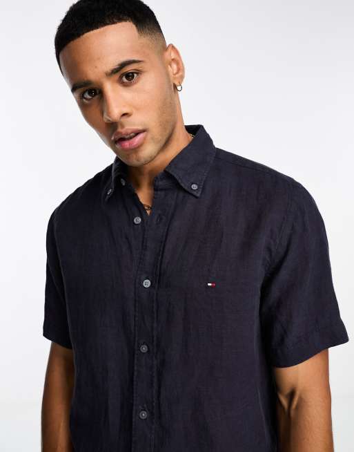 Tommy Hilfiger 1985 flag logo slim fit shirt in navy | ASOS