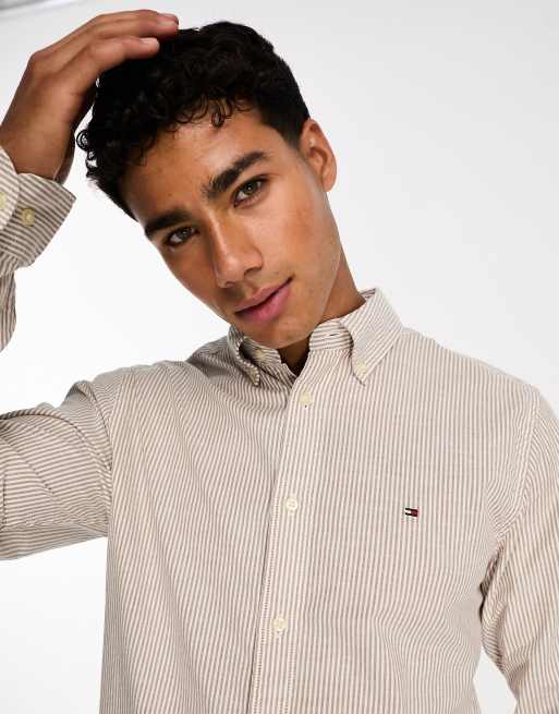 Tommy Hilfiger 1985 flex oxford stripe rf shirt in desert khaki / optic  white | ASOS