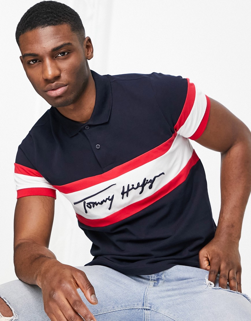 Tommy Hilfiger 1985 signature colorblock chest stripe slim fit pique polo in desert sky navy