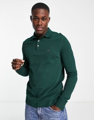Tommy Hilfiger 1985 slim fit cotton pique long sleeve polo in dark green