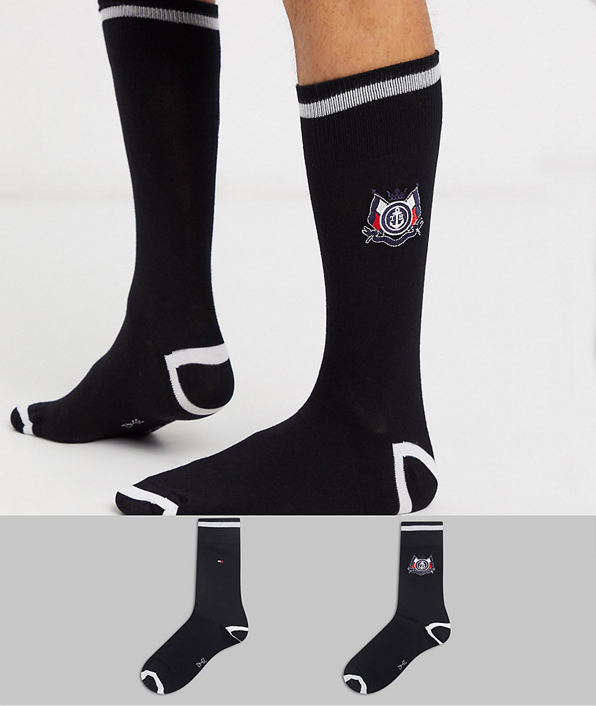 Tommy Hilfiger 2 pack crew chest logo socks in black