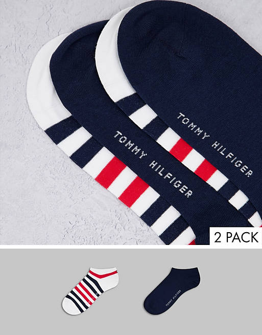 Tommy Hilfiger 2 pack duo stripe trainer socks in white stripe and navy plain
