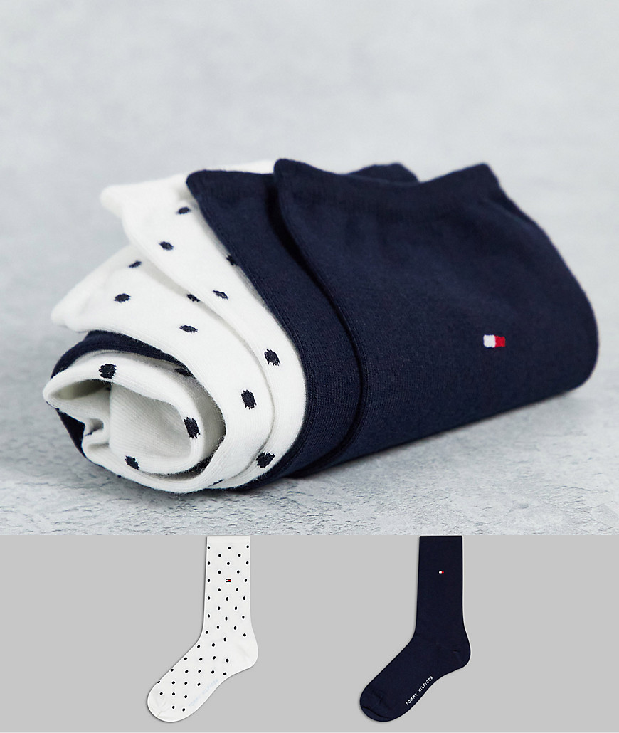Tommy Hilfiger 2 pack polka dot spot crew sock in white and navy-Multi