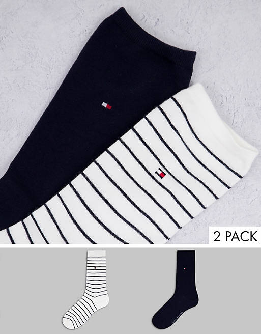 Tommy Hilfiger 2 pack short socks in cream stripe and navy