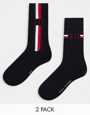 Tommy Hilfiger 2 pack socks with stripe logo in black