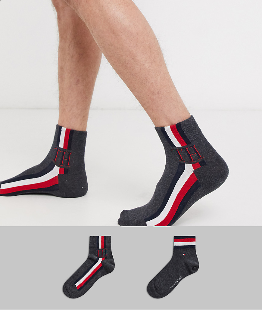 Tommy Hilfiger 2 Set van paar gestreepte sokken met kwartlengte in grijs