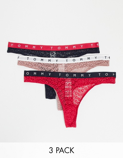 Tommy Hilfiger 3 pack lace logo thongs in blush pink and navy