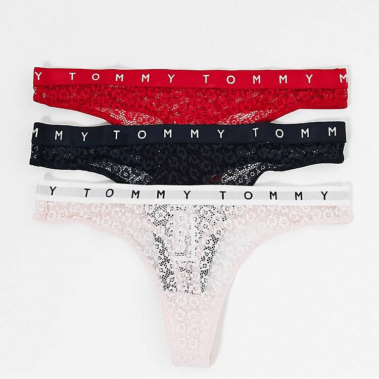 Tommy Hilfiger 3-pack lace logo thongs in red, pink and navy | ASOS