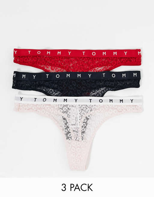 Tommy Hilfiger 3 pack lace logo thongs in red pink and navy