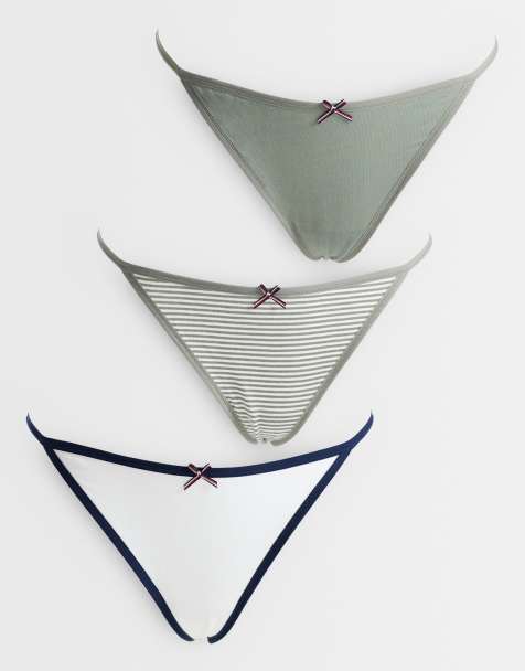 Tommy Hilfiger 3 pack lingerie thongs with bows in khaki/white/stripe - view 1