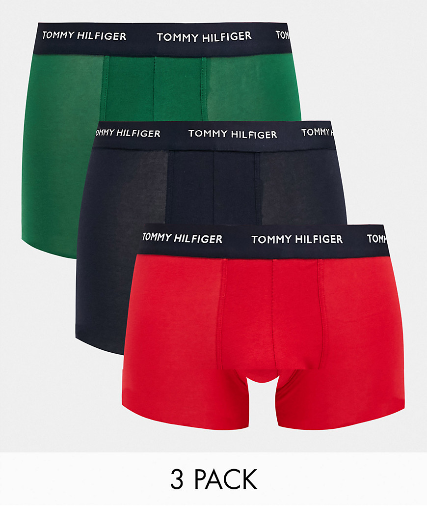 Tommy Hilfiger 3 pack logo trunk in black/green/red with logo waistband-Navy