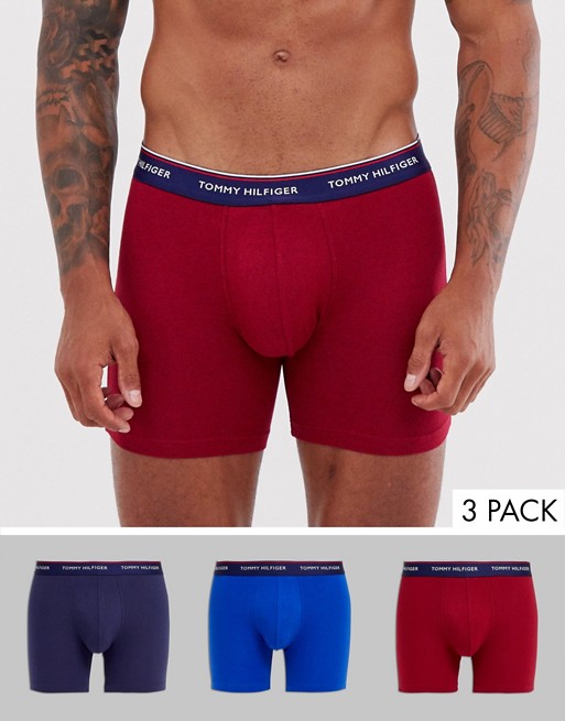 Tommy Hilfiger 3 pack longer length trunks in blue/red/navy with navy logo waistband