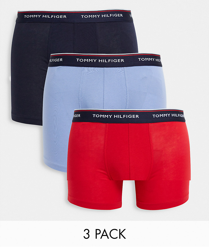 Tommy Hilfiger 3 pack longer length trunks in in navy/red/blue with logo waistband-Multi