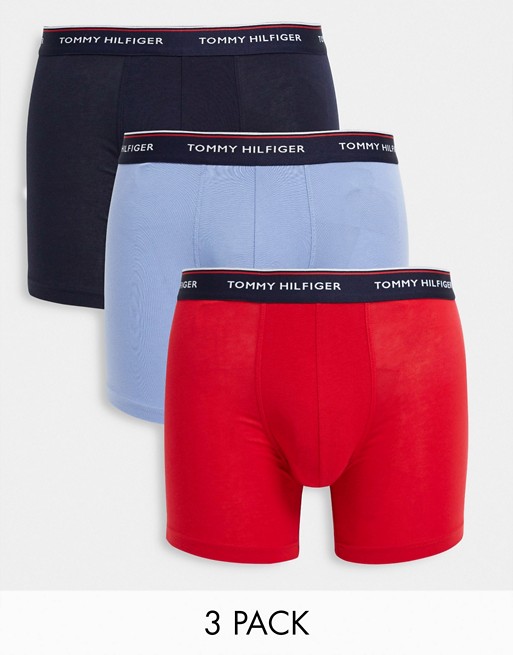 Tommy Hilfiger 3 pack longer length trunks in in navy/red/blue with logo waistband