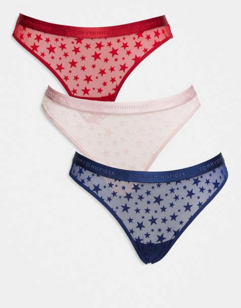 Tommy Hilfiger 3-pack mesh thongs with star print in blue/pink/red - view 1