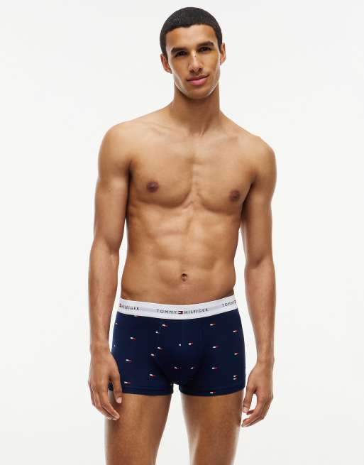 Tommy Hilfiger 3-pack signature logo waistband print trunks in cham blu/antique silver/op blu, 2 of 7