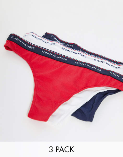 Tommy Hilfiger Women's Soft Stretch Cotton Thongs Panties Underwear 3-Pack  - Navy/Red/White Tommy Print