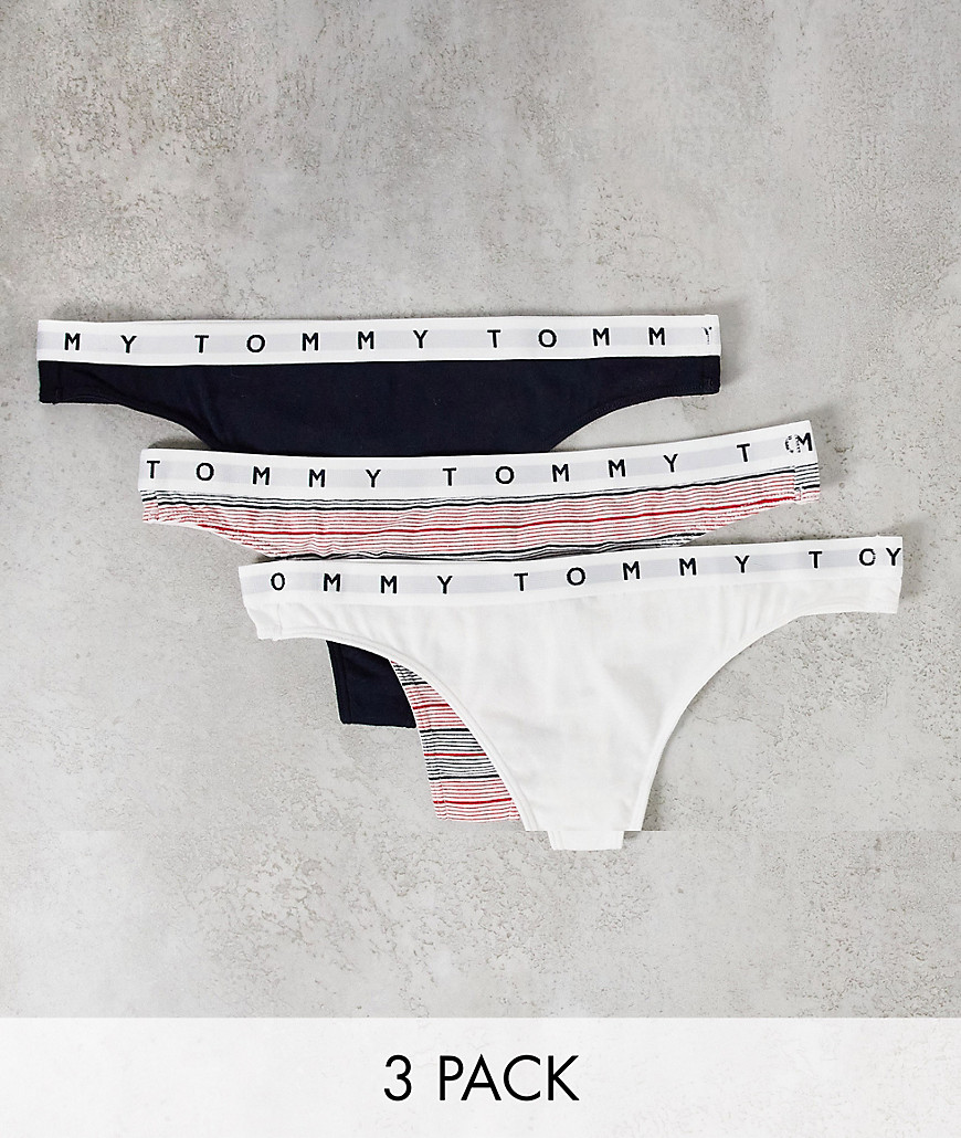 Tommy Hilfiger 3 pack thong in white stripe and navy-Multi